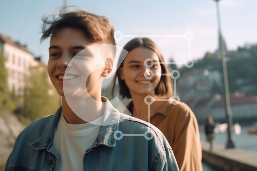 Intra Συλλεκτικό Ξύλινο Παζλ Plywood  4mm - Ευτυχισμένο νεαρό ζευγάρι που χαμογελά δίπλα στο ποτάμι Σε Ξύλινο Κουτί - Διαστάσεις Puzzle: 10x10 cm – 25 κομμάτια