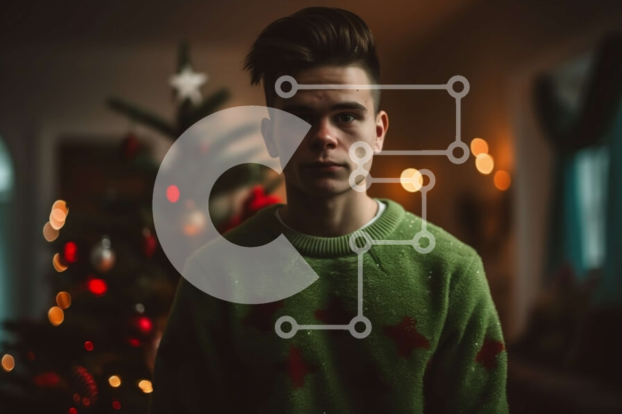 Intra Συλλεκτικό Ξύλινο Παζλ Plywood  4mm - Εικόνα διακοπών ενός νεαρού άνδρα με πράσινο πουλόβερ μπροστά από ένα χριστουγεννιάτικο δέντρο Σε Ξύλινο Κουτί - Διαστάσεις: 10x10 cm – 25 κομμάτια