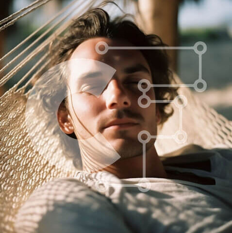 Intra Συλλεκτικό Ξύλινο Παζλ Plywood  4mm - Άνδρας με λευκό πουκάμισο και γυαλιά ηλίου ξαπλωμένος σε μια αιώρα στην παραλία Σε Ξύλινο Κουτί - Διαστάσεις Puzzle: 10x10 cm – 25 κομμάτια - Image 1