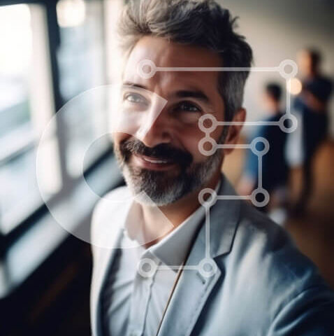 Intra Συλλεκτικό Ξύλινο Παζλ Plywood 4mm - Χαμογελαστός επιχειρηματίας με γκρι κοστούμι και μπλε γραβάτα σε περιβάλλον γραφείου Σε Ξύλινο Κουτί - Διαστάσεις Puzzle: 10x10 cm – 25 κομμάτια - Image 1