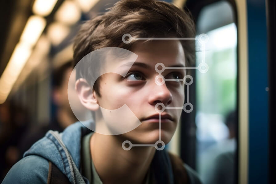 Intra Συλλεκτικό Ξύλινο Παζλ Plywood  4mm - Νεαρός άνδρας που κοιτάζει έξω το παράθυρο τρένου του μετρό με μπλε κουκούλα Σε Ξύλινο Κουτί - Διαστάσεις Puzzle: 10x10 cm – 25 κομμάτια