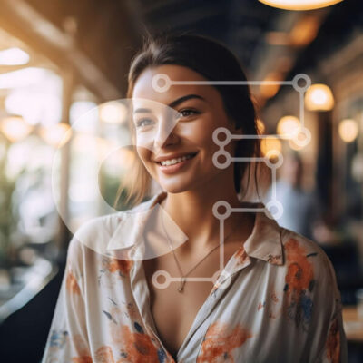 Intra Συλλεκτικό Ξύλινο Παζλ Plywood  4mm - Φιλική εικόνα μιας γυναίκας με ένα λουλουδάτο πουκάμισο σε ένα εστιατόριο Σε Ξύλινο Κουτί - Διαστάσεις Puzzle: 10x10 cm – 25 κομμάτια - Image 1