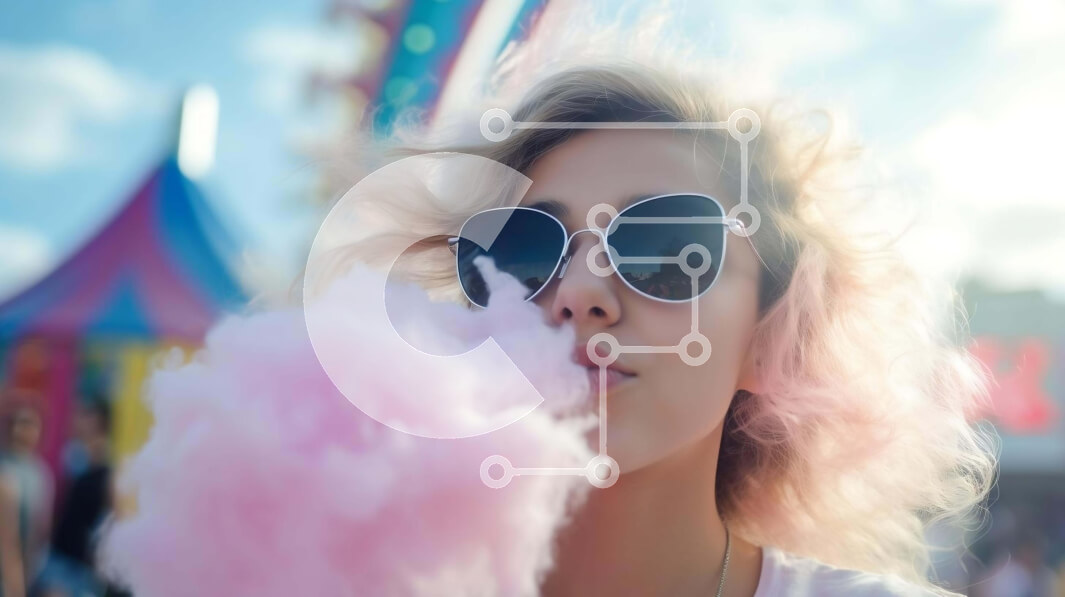 Intra Συλλεκτικό Ξύλινο Παζλ Plywood  4mm - Γυναίκα με γυαλιά ηλίου που φυσάει ροζ μαλλί της γριάς στο λούνα παρκ ή το καρναβάλι Σε Ξύλινο Κουτί - Διαστάσεις Puzzle: 10x10 cm – 25 κομμάτια