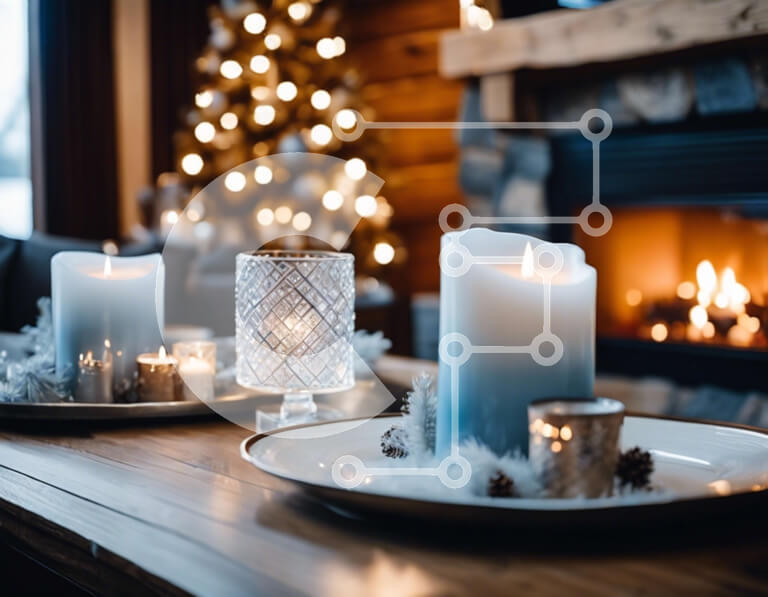 Intra Συλλεκτικό Ξύλινο Παζλ Plywood  4mm - Γιορτινά κεριά σε ξύλινο τραπέζι με τζάκι Σε Ξύλινο Κουτί - Διαστάσεις: 10x10 cm – 25 κομμάτια