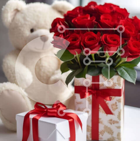 Intra Συλλεκτικό Ξύλινο Παζλ Plywood 4mm - Ρομαντικά δώρα του Αγίου Βαλεντίνου με αρκουδάκι και τριαντάφυλλα Σε Ξύλινο Κουτί - Διαστάσεις: 10x10 cm – 25 κομμάτια - Image 1