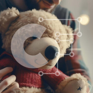 Intra Συλλεκτικό Ξύλινο Παζλ Plywood  4mm - Άνδρας που κρατά το αρκουδάκι Σε Ξύλινο Κουτί - Διαστάσεις Puzzle: 10x10 cm – 25 κομμάτια