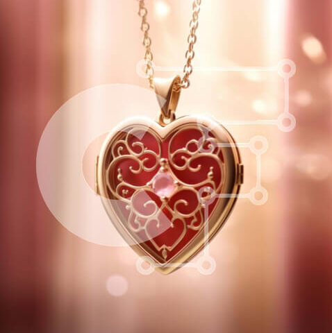 Intra Συλλεκτικό Ξύλινο Παζλ Plywood  4mm - Χρυσό κολιέ σε σχήμα καρδιάς με περίτεχνα σκαλιστή κόκκινη πέτρα Σε Ξύλινο Κουτί - Διαστάσεις Puzzle: 10x10 cm – 25 κομμάτια - Image 1