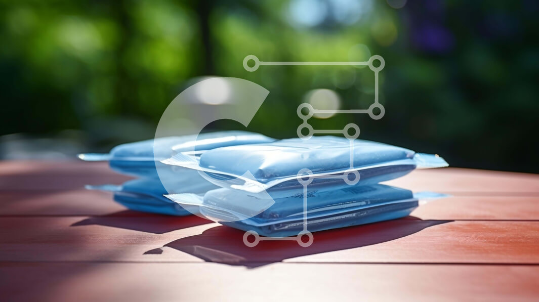 Intra Συλλεκτικό Ξύλινο Παζλ Plywood  4mm - Στοιβαγμένες πλαστικές σακούλες σε ένα κόκκινο ξύλινο τραπέζι Σε Ξύλινο Κουτί - Διαστάσεις Puzzle: 10x10 cm – 25 κομμάτια