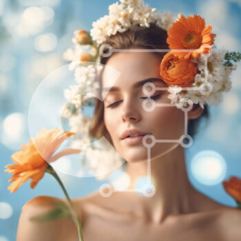 Intra Συλλεκτικό Ξύλινο Παζλ Plywood  4mm - Νεαρή γυναίκα με λουλούδια στα μαλλιά σε πορτοκαλί φόντο Σε Ξύλινο Κουτί - Διαστάσεις Puzzle: 10x10 cm – 25 κομμάτια - Image 1