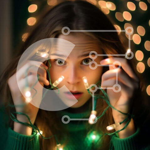 Intra Συλλεκτικό Ξύλινο Παζλ Plywood  4mm - Έκπληκτη νεαρή γυναίκα με τα αναμμένα χριστουγεννιάτικα φώτα Σε Ξύλινο Κουτί - Διαστάσεις Puzzle: 10x10 cm – 25 κομμάτια - Image 1