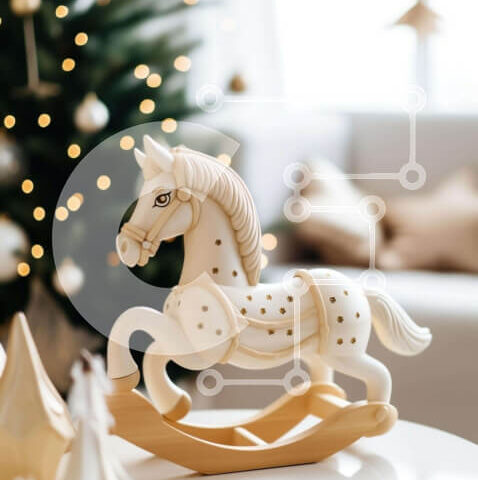 Intra Συλλεκτικό Ξύλινο Παζλ Plywood 4mm - Λευκό ξύλινο κουνιστό άλογο δίπλα στο χριστουγεννιάτικο δέντρο Σε Ξύλινο Κουτί - Διαστάσεις: 10x10 cm – 25 κομμάτια - Image 1