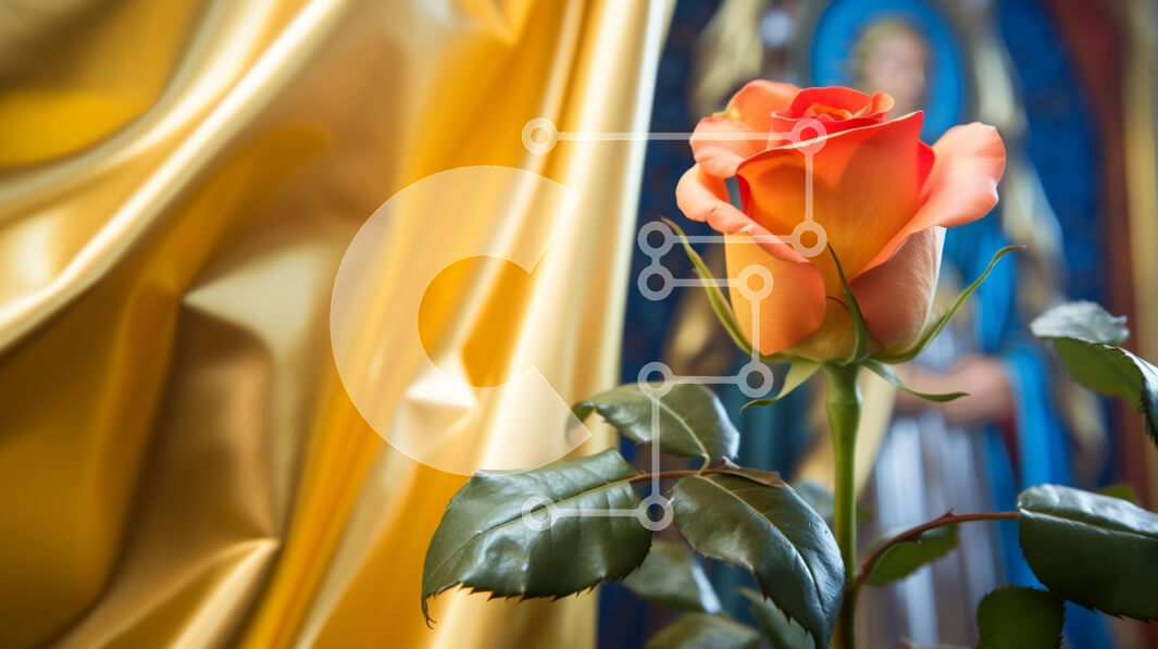 Intra Συλλεκτικό Ξύλινο Παζλ Plywood  4mm - Πορτοκαλί τριαντάφυλλο μπροστά από χρυσή κουρτίνα Σε Ξύλινο Κουτί - Διαστάσεις Puzzle: 10x10 cm – 25 κομμάτια