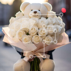 Intra Συλλεκτικό Ξύλινο Παζλ Plywood  4mm - Άτομο που κρατά μπουκέτο με λευκά τριαντάφυλλα με λουλούδια σε σχήμα αρκουδάκι Σε Ξύλινο Κουτί - Διαστάσεις Puzzle: 10x10 cm – 25 κομμάτια