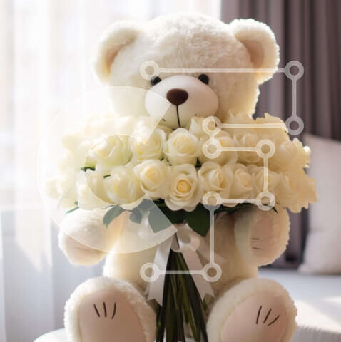 Intra Συλλεκτικό Ξύλινο Παζλ Plywood 4mm - Μεγάλο λευκό αρκουδάκι που κρατά λευκά τριαντάφυλλα Σε Ξύλινο Κουτί - Διαστάσεις Puzzle: 10x10 cm – 25 κομμάτια - Image 1