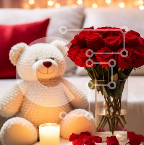 Intra Συλλεκτικό Ξύλινο Παζλ Plywood  4mm - Αρκουδάκι με κόκκινα τριαντάφυλλα σε γυάλινο βάζο Σε Ξύλινο Κουτί - Διαστάσεις: 10x10 cm – 25 κομμάτια - Image 1