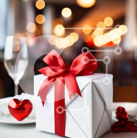 Intra Συλλεκτικό Ξύλινο Παζλ Plywood 4mm - Κουτί δώρου με κόκκινη κορδέλα στο τραπέζι με ποτήρια κρασιού Σε Ξύλινο Κουτί - Διαστάσεις: 10x10 cm – 25 κομμάτια - Image 1