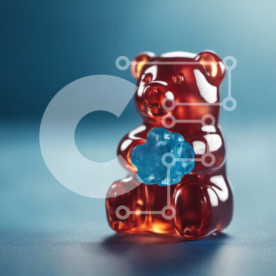 Intra Συλλεκτικό Ξύλινο Παζλ Plywood  4mm - Ειδώλιο μπλε Gummy Bear με πορτοκαλί τσίχλα σε μπλε φόντο Σε Ξύλινο Κουτί - Διαστάσεις: 10x10 cm – 25 κομμάτια - Image 1