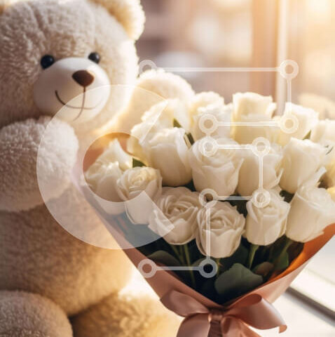 Intra Συλλεκτικό Ξύλινο Παζλ Plywood 4mm - Λευκό αρκουδάκι με τριαντάφυλλα στο τραπέζι Σε Ξύλινο Κουτί - Διαστάσεις Puzzle: 10x10 cm – 25 κομμάτια - Image 1