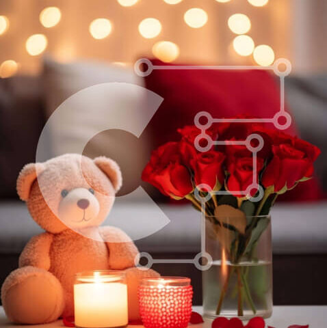 Intra Συλλεκτικό Ξύλινο Παζλ Plywood  4mm - Αρκουδάκι με κόκκινα τριαντάφυλλα και κεριά στο τραπεζάκι σαλονιού Σε Ξύλινο Κουτί - Διαστάσεις Puzzle: 10x10 cm – 25 κομμάτια - Image 1