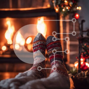 Intra Συλλεκτικό Ξύλινο Παζλ Plywood  4mm - Πόδια δίπλα στο Χριστουγεννιάτικο Τζάκι Σε Ξύλινο Κουτί - Διαστάσεις Puzzle: 10x10 cm – 25 κομμάτια