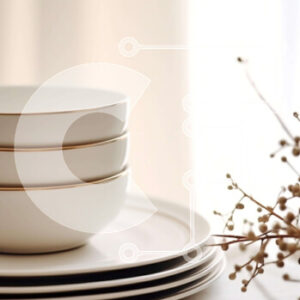 Intra Συλλεκτικό Ξύλινο Παζλ Plywood  4mm - Στοίβα από λευκά πιάτα και μπολ με αποξηραμένα λουλούδια Σε Ξύλινο Κουτί - Διαστάσεις Puzzle: 10x10 cm – 25 κομμάτια