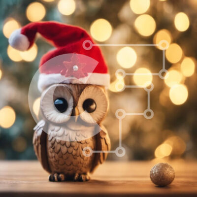 Intra Συλλεκτικό Ξύλινο Παζλ Plywood 4mm - Ειδώλιο κουκουβάγιας με καπέλο Άγιου Βασίλη σε ξύλινο τραπέζι Σε Ξύλινο Κουτί - Διαστάσεις Puzzle: 10x10 cm – 25 κομμάτια - Image 1