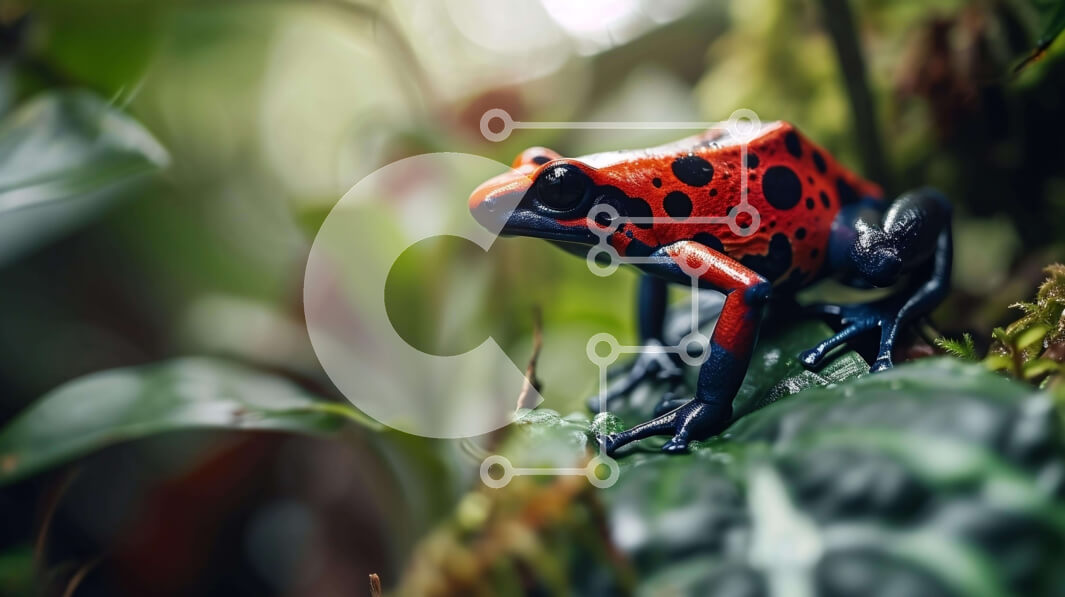 Intra Συλλεκτικό Ξύλινο Παζλ Plywood  4mm - Κόκκινος και μαύρος δηλητηριώδης βάτραχος σε πράσινα φύλλα στη ζούγκλα Σε Ξύλινο Κουτί - Διαστάσεις: 10x10 cm – 25 κομμάτια