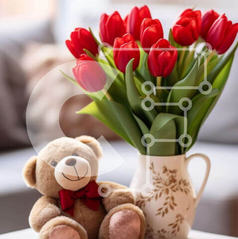 Intra Συλλεκτικό Ξύλινο Παζλ Plywood 4mm - Αρκουδάκι με κόκκινες τουλίπες και λευκά λουλούδια Σε Ξύλινο Κουτί - Διαστάσεις: 10x10 cm – 25 κομμάτια - Image 1