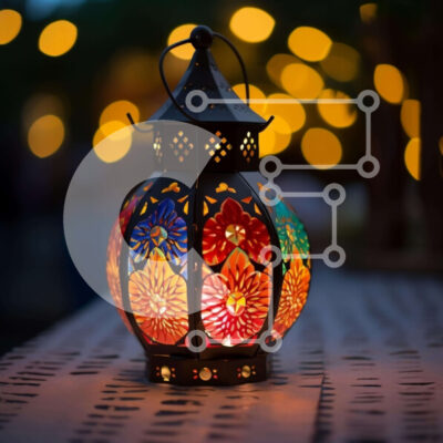 Intra Συλλεκτικό Ξύλινο Παζλ Plywood 4mm - Πολύχρωμο φανάρι που φωτίζεται από το φως των κεριών σε ένα τραπέζι εξωτερικού χώρου Σε Ξύλινο Κουτί - Διαστάσεις Puzzle: 10x10 cm – 25 κομμάτια - Image 1