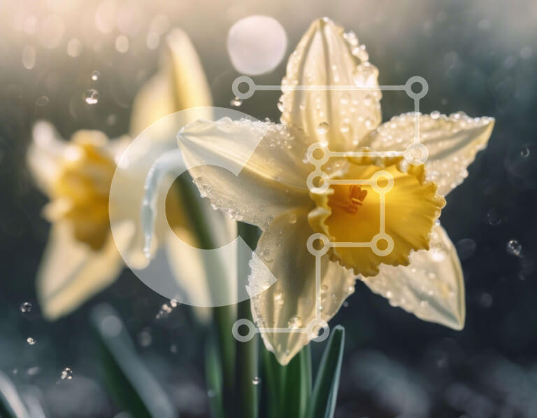 Intra Συλλεκτικό Ξύλινο Παζλ Plywood  4mm - Κίτρινοι Νάρκισσοι στη βροχή με σταγονίδια νερού Σε Ξύλινο Κουτί - Διαστάσεις: 10x10 cm – 25 κομμάτια