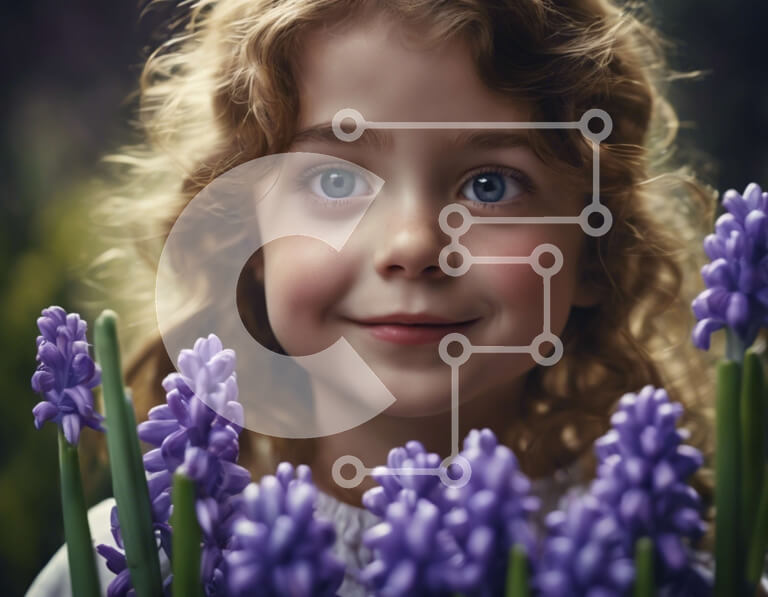 Intra Συλλεκτικό Ξύλινο Παζλ Plywood  4mm - Χαμογελαστό κορίτσι με μπλε μάτια και φρέσκα μοβ λουλούδια Σε Ξύλινο Κουτί - Διαστάσεις Puzzle: 10x10 cm – 25 κομμάτια