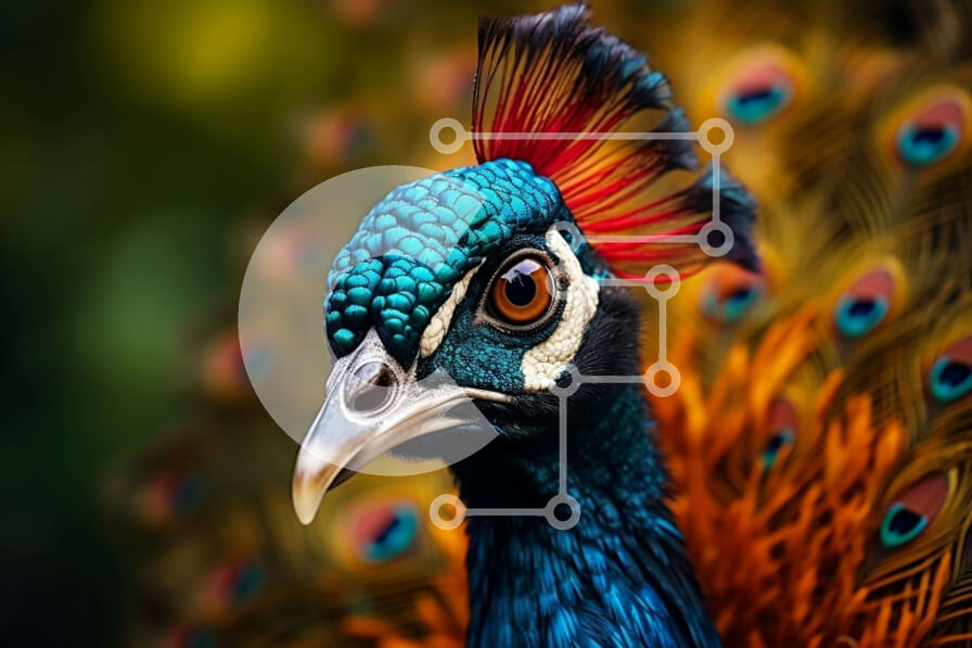 Intra Συλλεκτικό Ξύλινο Παζλ Plywood  4mm - Κοντινή όψη του κεφαλιού ενός παγωνιού με τα ζωντανά φτερά Σε Ξύλινο Κουτί - Διαστάσεις: 10x10 cm – 25 κομμάτια