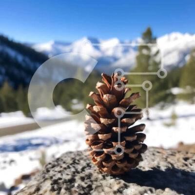 Intra Συλλεκτικό Ξύλινο Παζλ Plywood  4mm - Κουκουνάρι στο βράχο με τα χιονισμένα βουνά στο φόντο Σε Ξύλινο Κουτί - Διαστάσεις: 10x10 cm – 25 κομμάτια - Image 1