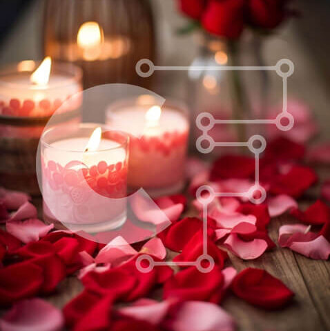 Intra Συλλεκτικό Ξύλινο Παζλ Plywood 4mm - Ρομαντικά κεριά του Αγίου Βαλεντίνου με κόκκινα ροδοπέταλα σε ξύλινο τραπέζι Σε Ξύλινο Κουτί - Διαστάσεις Puzzle: 10x10 cm – 25 κομμάτια - Image 1