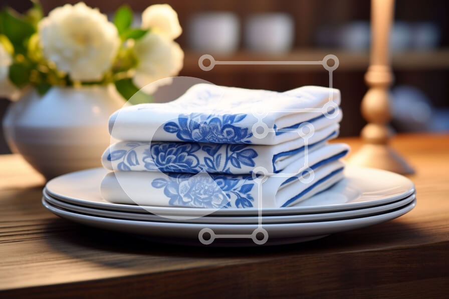 Intra Συλλεκτικό Ξύλινο Παζλ Plywood  4mm - Μπλε και λευκές χαρτοπετσέτες με λουλούδια σε ξύλινο τραπέζι Σε Ξύλινο Κουτί - Διαστάσεις Puzzle: 10x10 cm – 25 κομμάτια