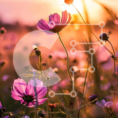 Intra Συλλεκτικό Ξύλινο Παζλ Plywood  4mm - Πεδίο με ροζ λουλούδια στο ηλιοβασίλεμα Σε Ξύλινο Κουτί - Διαστάσεις: 10x10 cm – 25 κομμάτια - Image 1