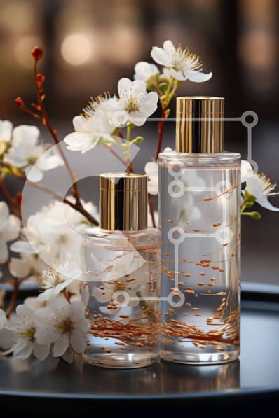 Intra Συλλεκτικό Ξύλινο Παζλ Plywood  4mm - Κομψά μπουκάλια αρωμάτων σε μαύρο δίσκο με φόντο λευκά λουλούδια Σε Ξύλινο Κουτί - Διαστάσεις Puzzle: 10x10 cm – 25 κομμάτια