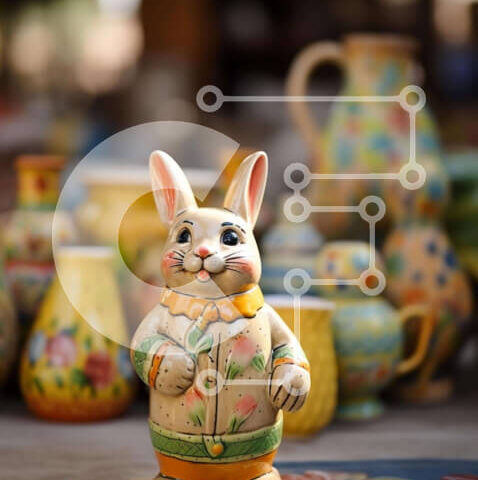 Intra Συλλεκτικό Ξύλινο Παζλ Plywood  4mm - Κεραμικό ειδώλιο λαγουδάκι με πολύχρωμα βάζα και κύπελλα Σε Ξύλινο Κουτί - Διαστάσεις: 10x10 cm – 25 κομμάτια - Image 1