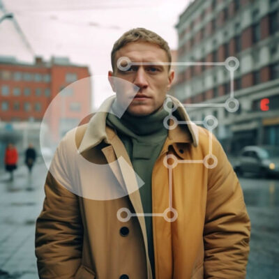 Intra Συλλεκτικό Ξύλινο Παζλ Plywood  4mm - Άνθρωπος με σοβαρή εμφάνιση στην οδό της πόλης Σε Ξύλινο Κουτί - Διαστάσεις Puzzle: 10x10 cm – 25 κομμάτια - Image 1