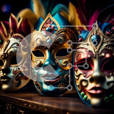 Intra Συλλεκτικό Ξύλινο Παζλ Plywood 4mm - Ομάδα πολύχρωμων βενετσιάνικων μασκών σε ένα ξύλινο ράφι Σε Ξύλινο Κουτί - Διαστάσεις Puzzle: 10x10 cm – 25 κομμάτια - Image 1