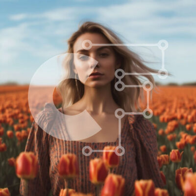 Intra Συλλεκτικό Ξύλινο Παζλ Plywood  4mm - Όμορφη εικόνα γυναίκας στο πεδίο με πορτοκαλί τουλίπες Σε Ξύλινο Κουτί - Διαστάσεις: 10x10 cm – 25 κομμάτια - Image 1