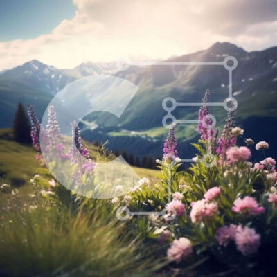 Intra Συλλεκτικό Ξύλινο Παζλ Plywood  4mm - Γραφική εικόνα ενός ορεινού τοπίου με αγριολούλουδα και χιονισμένα βουνά Σε Ξύλινο Κουτί - Διαστάσεις: 10x10 cm – 25 κομμάτια - Image 1