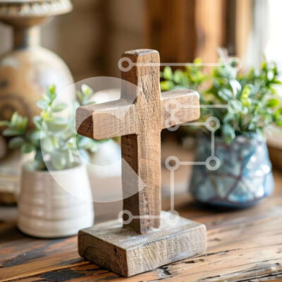 Intra Συλλεκτικό Ξύλινο Παζλ Plywood  4mm - Ξύλινος σταυρός στο τραπέζι με φυτά σε γλάστρες και βάζα Σε Ξύλινο Κουτί - Διαστάσεις Puzzle: 10x10 cm – 25 κομμάτια - Image 1