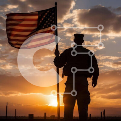 Intra Συλλεκτικό Ξύλινο Παζλ Plywood  4mm - Στρατιώτης με αμερικανική σημαία ενάντια στο ηλιοβασίλεμα Σε Ξύλινο Κουτί - Διαστάσεις Puzzle: 10x10 cm – 25 κομμάτια - Image 1