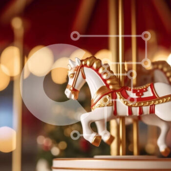 Intra Συλλεκτικό Ξύλινο Παζλ Plywood  4mm - Άλογο καρουζέλ λευκό και χρυσό με εορταστικό φωτισμένο φόντο Σε Ξύλινο Κουτί - Διαστάσεις: 10x10 cm – 25 κομμάτια - Image 1