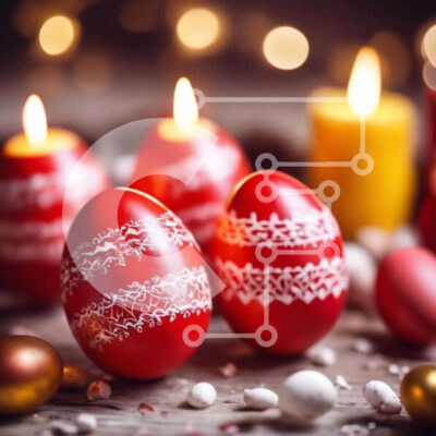 Intra Συλλεκτικό Ξύλινο Παζλ Plywood 4mm - Τρία κόκκινα Πασχαλινά αυγά σε ξύλινο τραπέζι με κεριά Σε Ξύλινο Κουτί - Διαστάσεις: 10x10 cm – 25 κομμάτια - Image 1