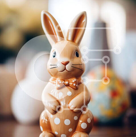 Intra Συλλεκτικό Ξύλινο Παζλ Plywood 4mm - Ειδώλιο Πασχαλινό λαγουδάκι με πουά παπιγιόν σε ξύλινο τραπέζι Σε Ξύλινο Κουτί - Διαστάσεις: 10x10 cm – 25 κομμάτια - Image 1