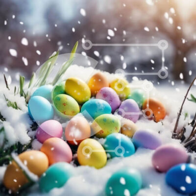 Intra Συλλεκτικό Ξύλινο Παζλ Plywood 4mm - Πολύχρωμα Πασχαλινά αυγά στο χιόνι με γρασίδι και λουλούδια Σε Ξύλινο Κουτί - Διαστάσεις Puzzle: 10x10 cm – 25 κομμάτια - Image 1