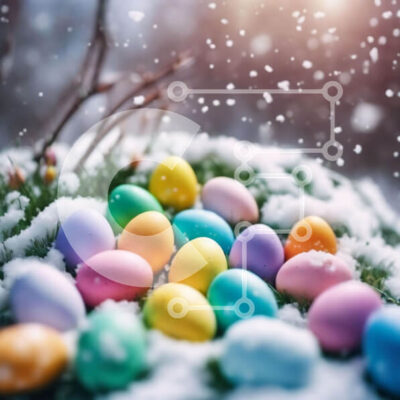 Intra Συλλεκτικό Ξύλινο Παζλ Plywood  4mm - Πολύχρωμα Πασχαλινά αυγά στο χιόνι με τις νιφάδες χιονιού που πέφτουν Σε Ξύλινο Κουτί - Διαστάσεις: 10x10 cm – 25 κομμάτια - Image 1