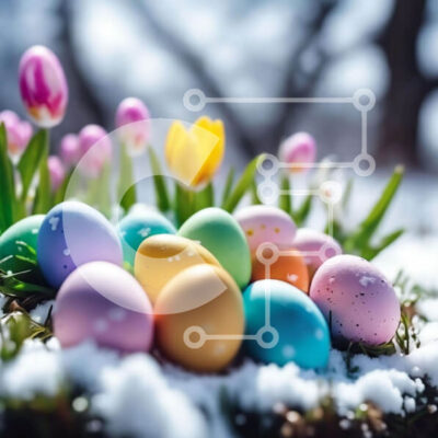 Intra Συλλεκτικό Ξύλινο Παζλ Plywood 4mm - Πολύχρωμα Πασχαλινά αυγά και λουλούδια στο χιόνι Σε Ξύλινο Κουτί - Διαστάσεις Puzzle: 10x10 cm – 25 κομμάτια - Image 1